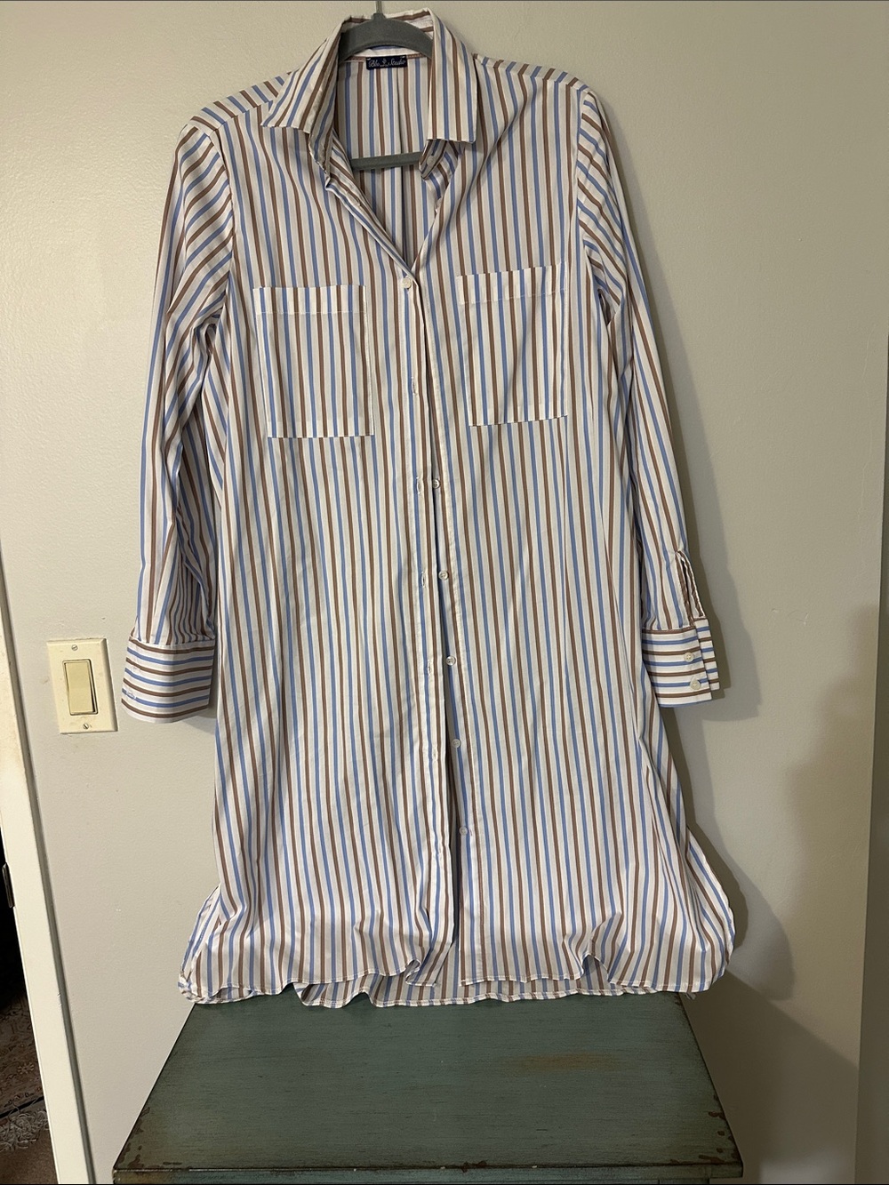 Blue and Tan Striped Midi Shirt Dress, Italian brand from Milan, worn 1 hour